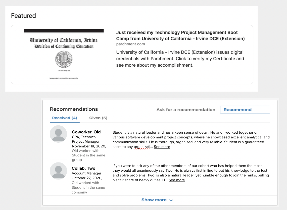 A screenshot shows what the Featured and Recommendations sections will look like in a finalized LinkedIn profile.