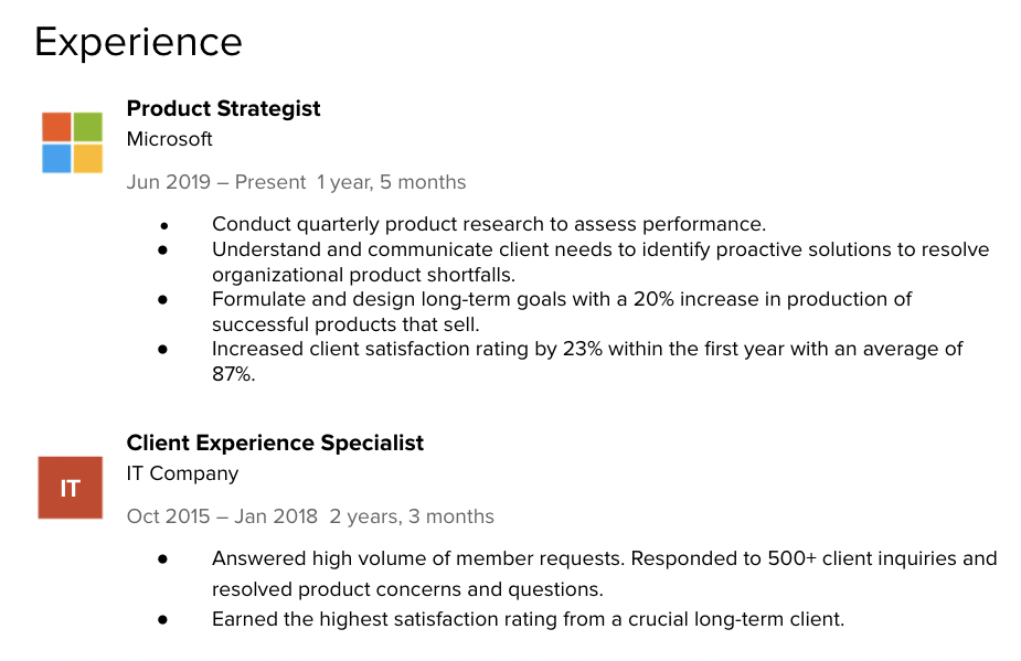 A screenshot shows what a final version of an Experience section in a LinkedIn profile will look like. 