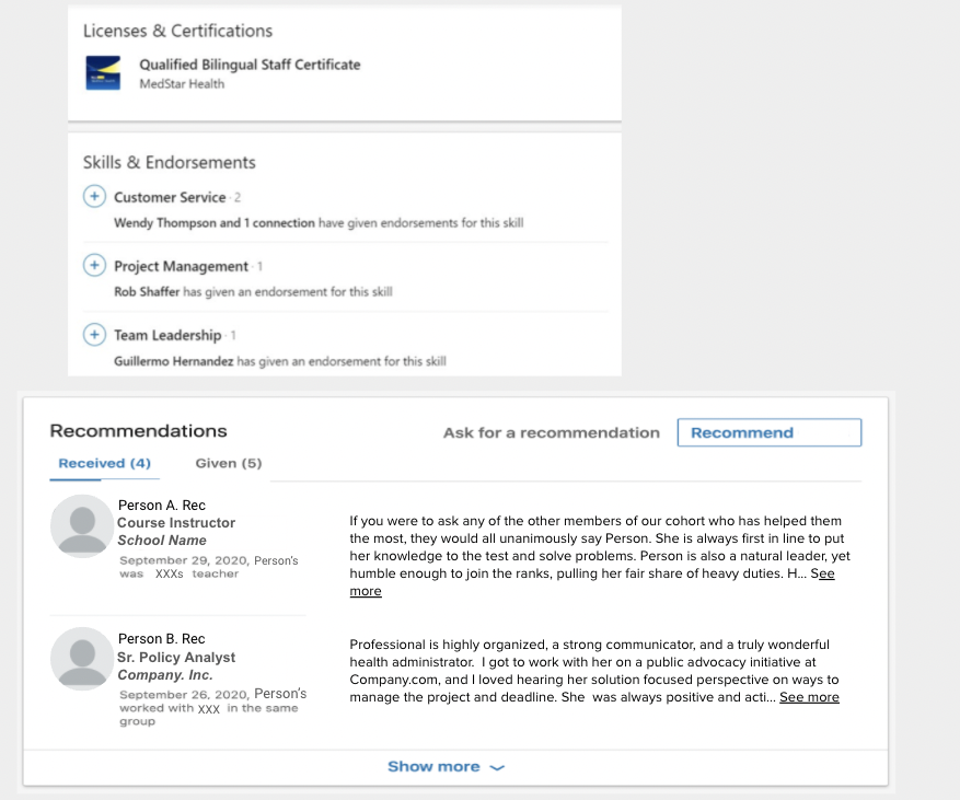 A screenshot shows what the Licenses and Recommendations section of a final LinkedIn will look like. 
