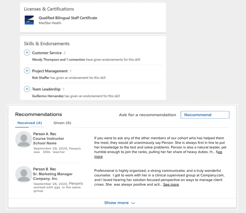 A screenshot shows the finalized Licenses, Endorsements, and Recommendations sections of a LinkedIn profile.
