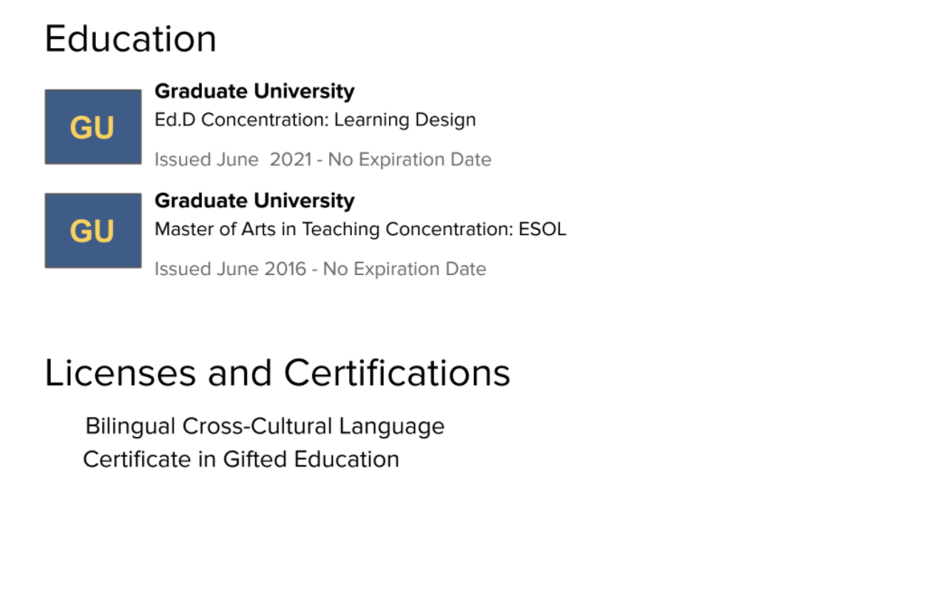 A screenshot shows what a finished Education section might look like. 