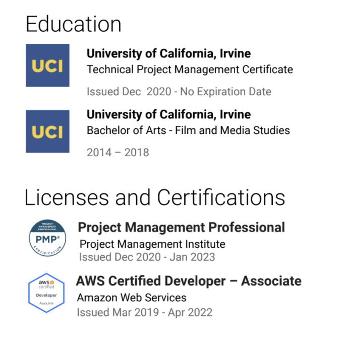 A screenshot shows a completed Education section. 