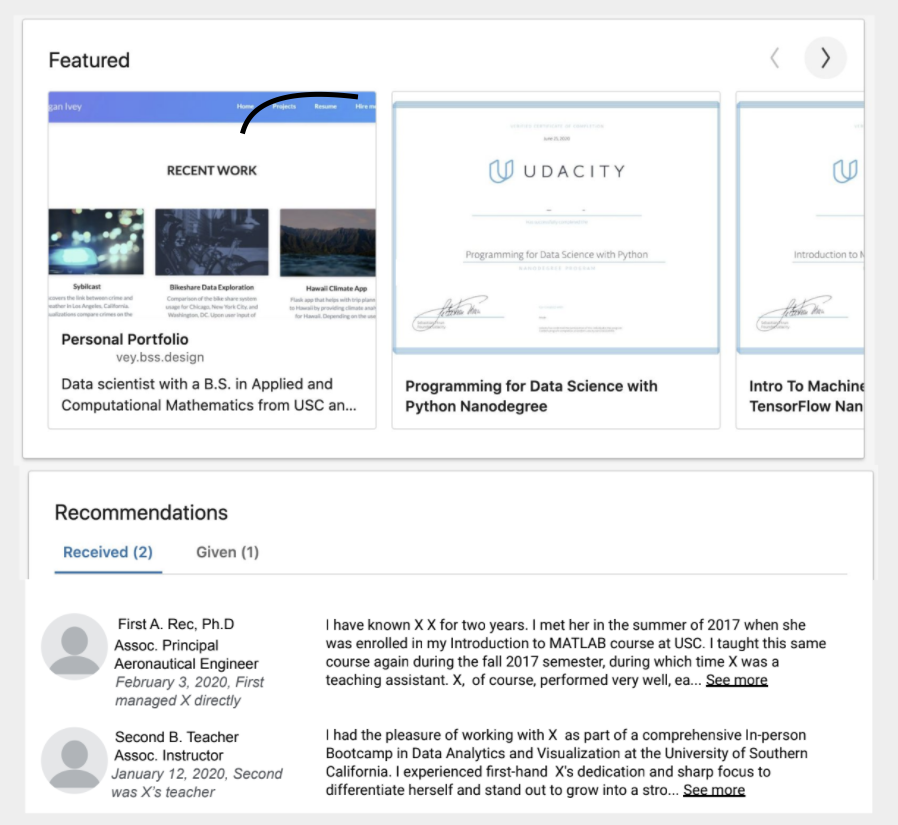 A screenshot shows a finished Recommendations section. 