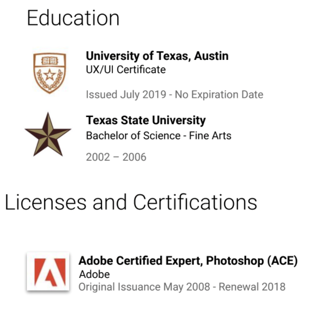 A screenshot shows a finished Education section. 
