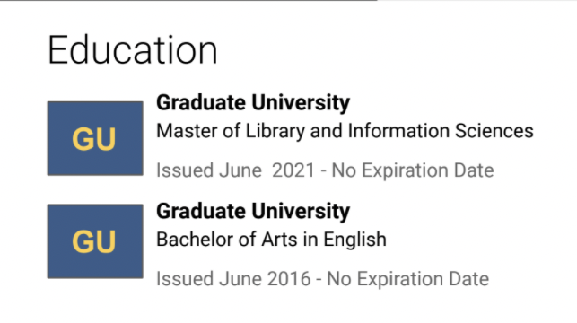 A screenshot of a finished Education section. 