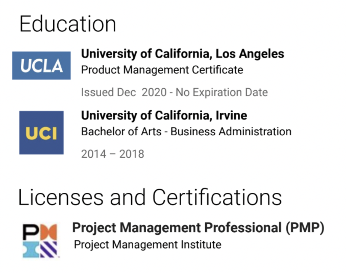 A screenshot shows a completed Education section. 
