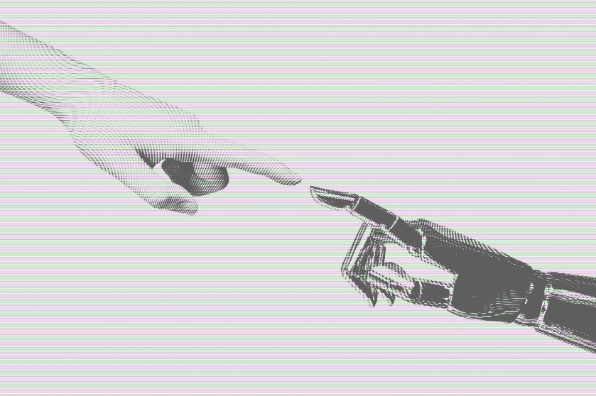 A human finger and a robot finger make contact.