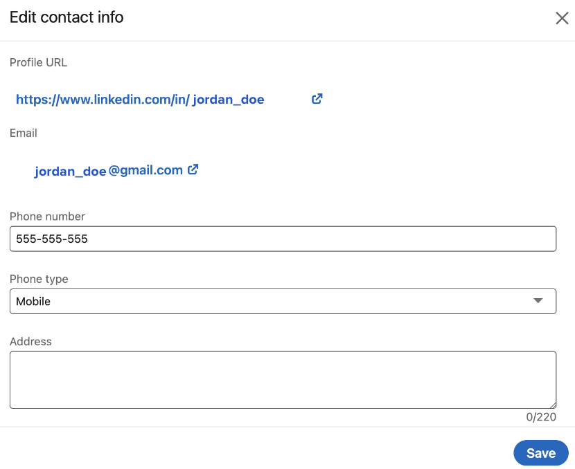 LinkedIn contact settings example
