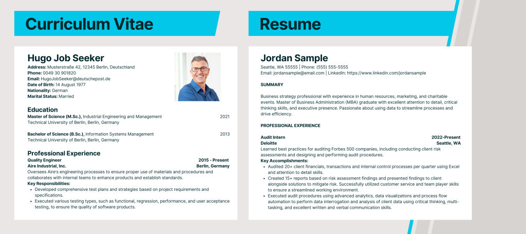 Graphic image that demonstrates potential differences between a curriculum vitae and a resume.